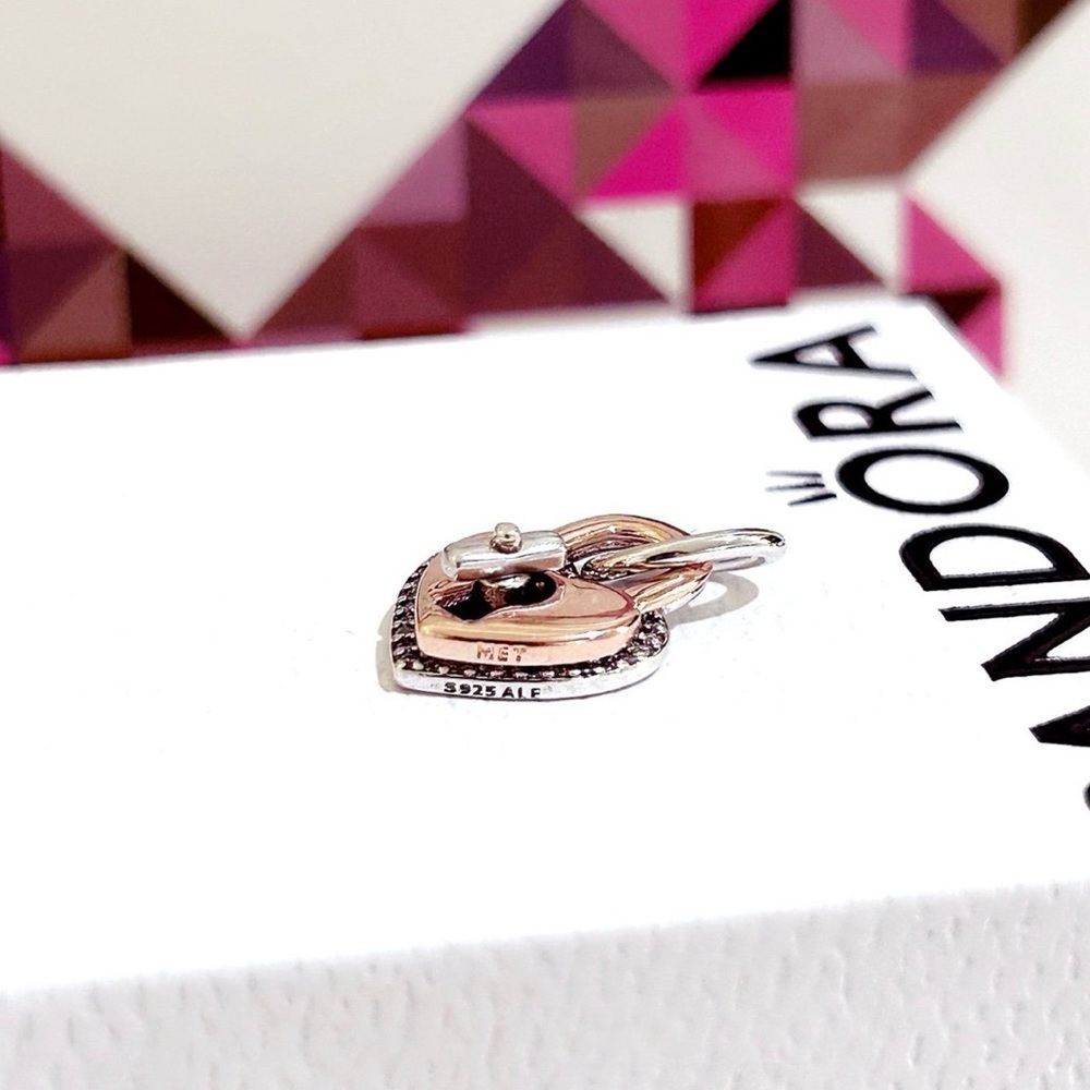Pandora Silver Snake Chain Bracelet with Rose Gold & Silver Heart Padlock Charm - Picture 8 of 10